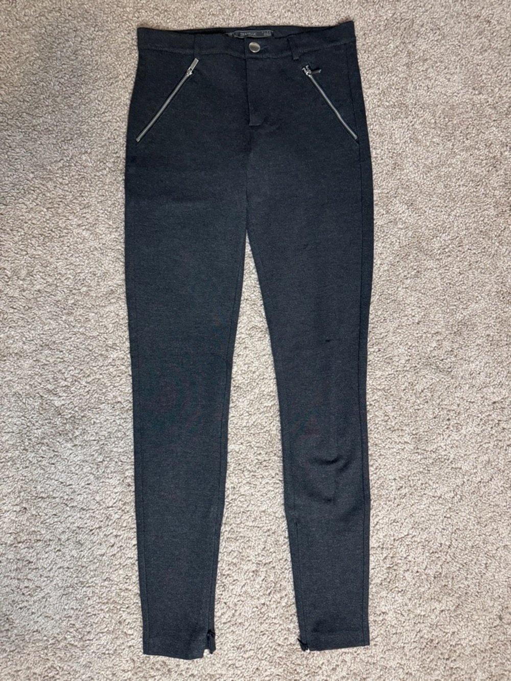 Zara Trafaluc Dark Gray Stretch Ponte Pants with Silver Button
